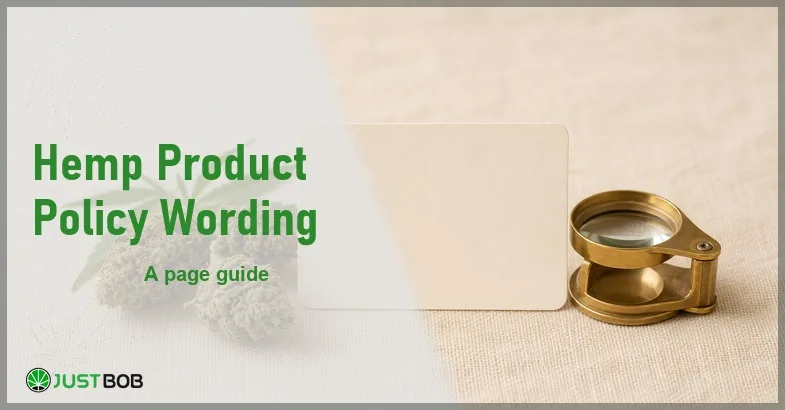 Justbob Hemp Product Policy Wording banner with green title, hemp flower buds, a blank product page card and a brass loupe on cream linen