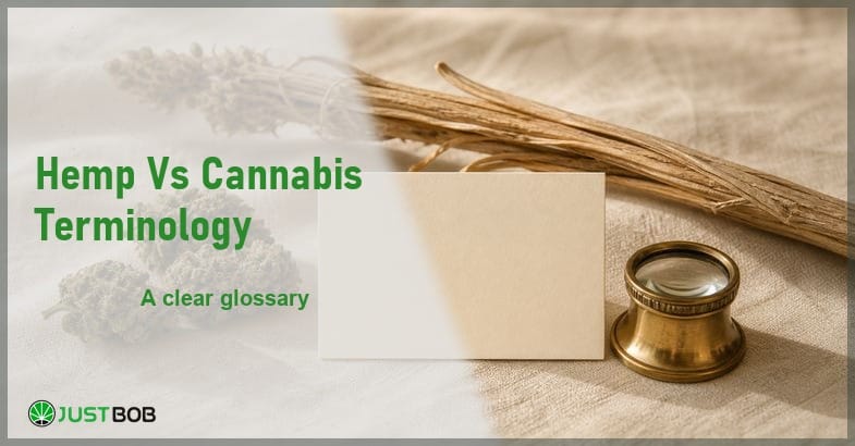 Justbob Hemp Vs Cannabis Terminology banner with green title, hemp flower buds, a hemp stalk and a blank glossary card on cream linen