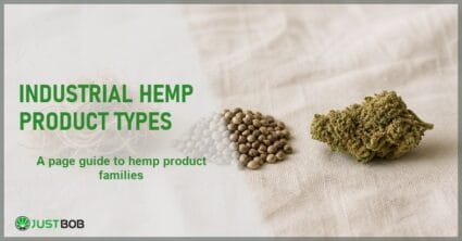 Justbob Industrial Hemp Product Types banner with green title, hemp fibre, hemp seed and a hemp flower bud in separate groups on cream linen