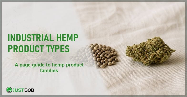 Justbob Industrial Hemp Product Types banner with green title, hemp fibre, hemp seed and a hemp flower bud in separate groups on cream linen