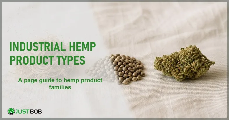 Justbob Industrial Hemp Product Types banner with green title, hemp fibre, hemp seed and a hemp flower bud in separate groups on cream linen