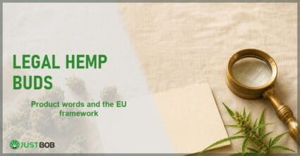 Justbob Legal Hemp Buds banner with green title, hemp flower buds, a blank registration card and a brass loupe on cream linen