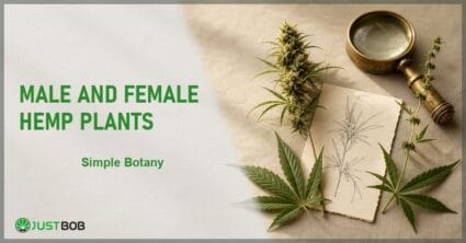 Justbob Male And Female Hemp Plants banner with green title, hemp sprigs, botanical sketch card and brass loupe