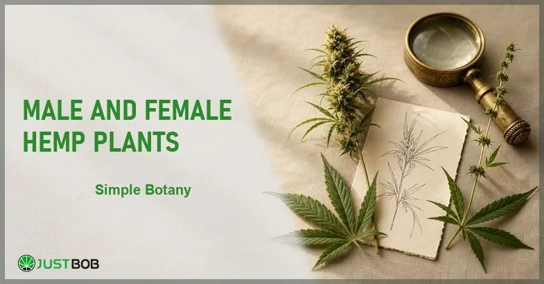 male-and-female-hemp-plants Justbob Male And Female Hemp Plants banner with green title, hemp sprigs, botanical sketch card and brass loupe