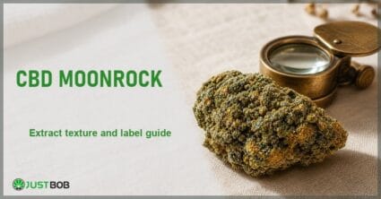 Justbob CBD Moonrock banner with green title, a craggy dusted piece of CBD moonrock extract and a brass loupe on cream linen