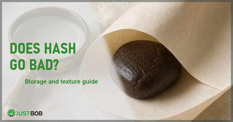 old-cannabis-and-old-hash Justbob Does Hash Go Bad banner with green title, a wrapped piece of CBD hash and a glass magnifying loupe on cream linen