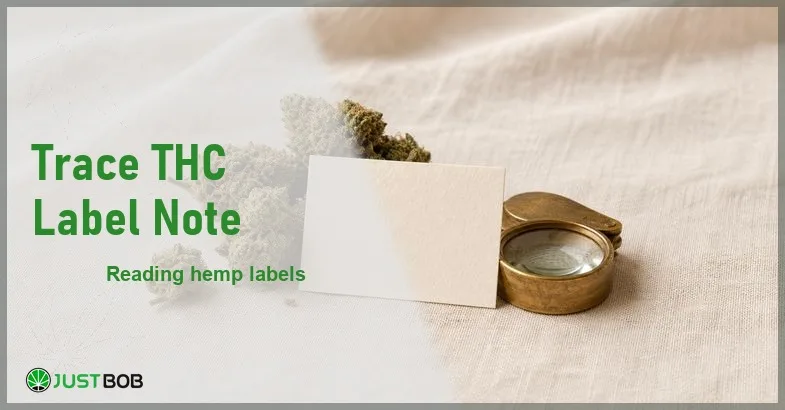 Justbob Trace THC Label Note banner with green title, hemp flower buds, a blank product label and a brass loupe on cream linen