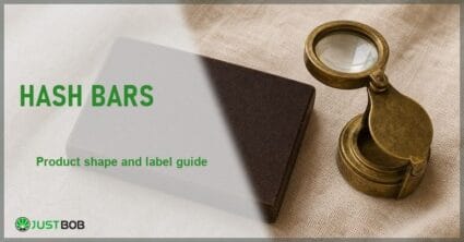 Justbob Hash Bars banner with green title, a flat pressed slab of CBD hash and a brass loupe on cream linen