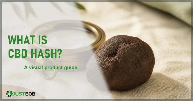 what-cbd-hashish-looks-like Justbob What Is CBD Hash banner with green title, a rounded ball of CBD hash and a brass loupe on cream linen