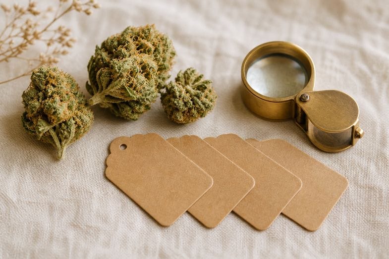 cannabinoid-abbreviation-guide-detail A few hemp flower buds beside a row of blank paper name tags and a brass loupe on cream linen