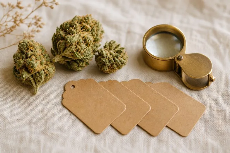 cannabinoid-abbreviation-guide-detail A few hemp flower buds beside a row of blank paper name tags and a brass loupe on cream linen