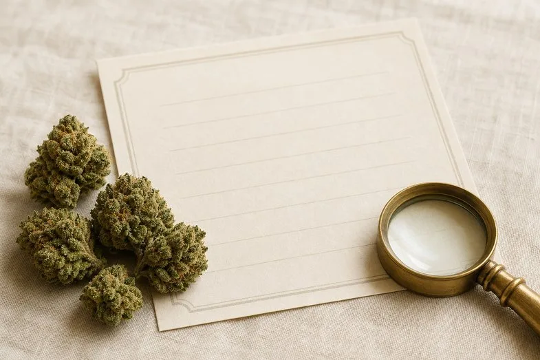 Hemp flower buds beside a blank certificate sheet with empty rows and a brass loupe on cream linen