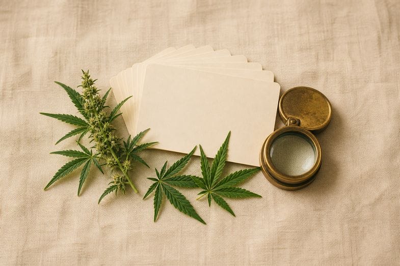 Blank index cards fanned out beside hemp leaves and a brass loupe on cream linen
