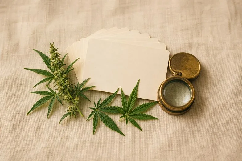 cannabis-culture-glossary-detail Blank index cards fanned out beside hemp leaves and a brass loupe on cream linen