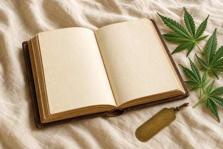 An open antique book beside a few hemp leaves and a brass bookmark on cream linen