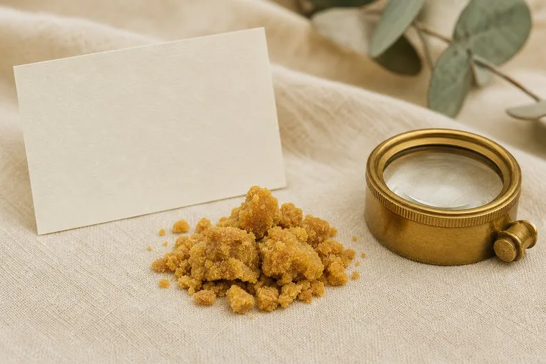 cbd-crumble-detail A small piece of dry, crumbly CBD extract beside a brass loupe and a blank product card on cream linen