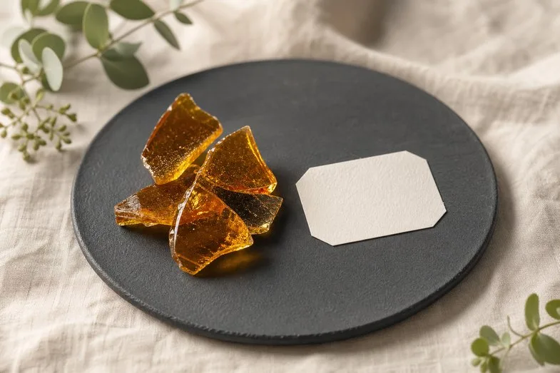 cbd-extracts-texture-guide-detail Amber CBD extract pieces on a dark slate beside a blank label on cream linen