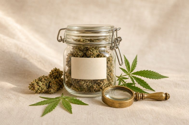 Hemp flower buds in a jar with a blank label code area beside a brass loupe on cream linen