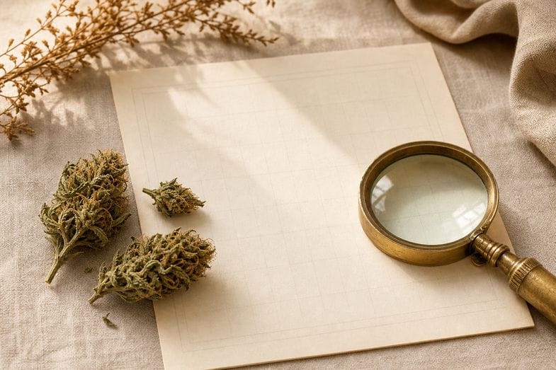 A few hemp flower buds beside a blank ruled document sheet and a brass loupe on cream linen