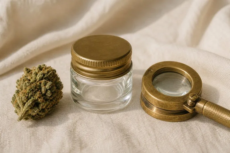 cbd-flower-dryness-notes-detail A hemp flower bud beside a small glass jar and a brass loupe on cream linen
