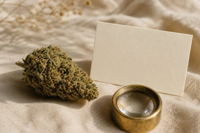 A hemp flower bud beside a blank label card and a brass loupe on cream linen