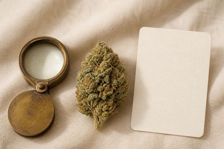A hemp flower bud beside a brass loupe and a blank product card on cream linen