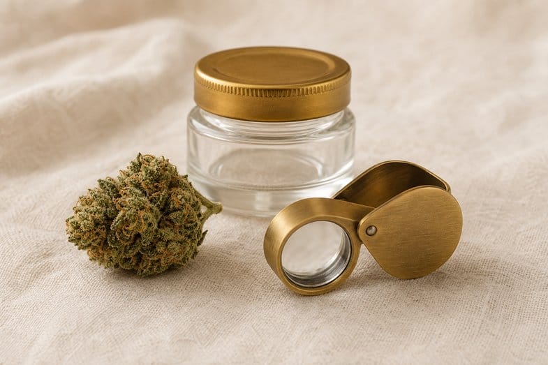 A hemp flower bud beside a small glass jar and a brass loupe on cream linen