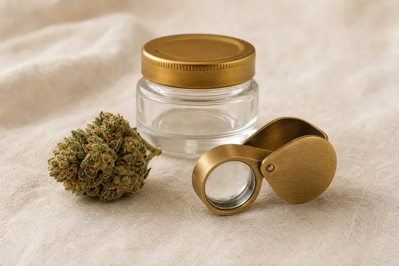 A hemp flower bud beside a small glass jar and a brass loupe on cream linen