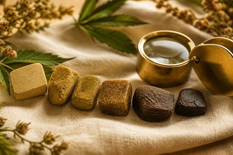 Several pieces of CBD hash in shades from blond to dark brown beside a brass loupe on cream linen