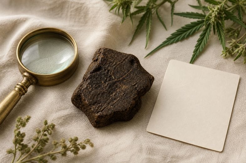 A pressed block of CBD hash beside a brass loupe and a blank label card on cream linen