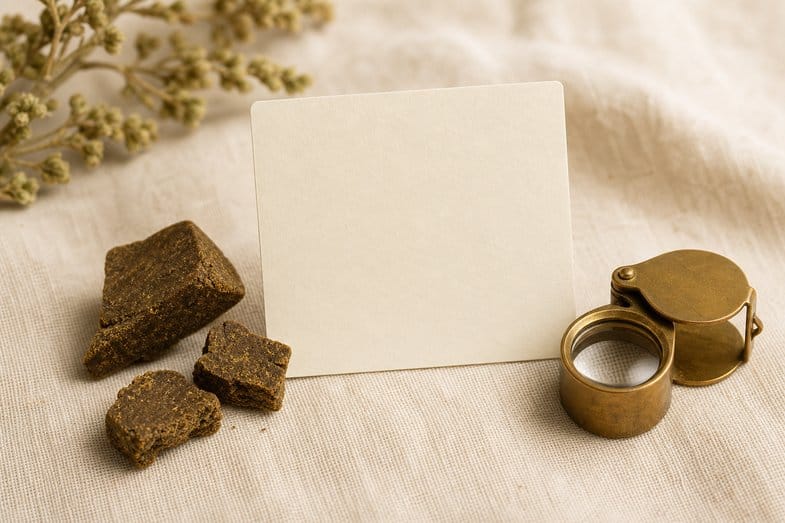 cbd-hash-product-description-detail A few pieces of pressed CBD hash beside a blank product card and a brass loupe on cream linen