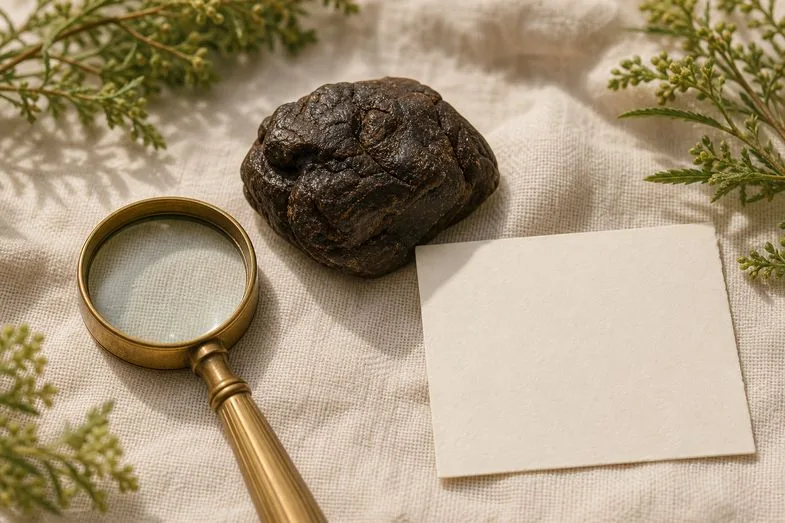 A pressed block of CBD hash beside a brass loupe and a blank name card on cream linen