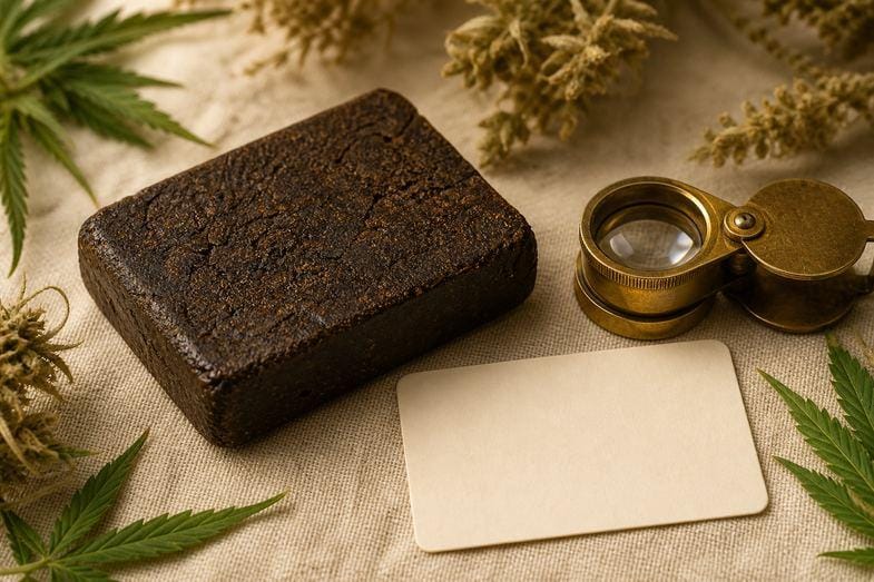 A dark-brown pressed hemp resin block beside a brass loupe and a blank product card on cream linen