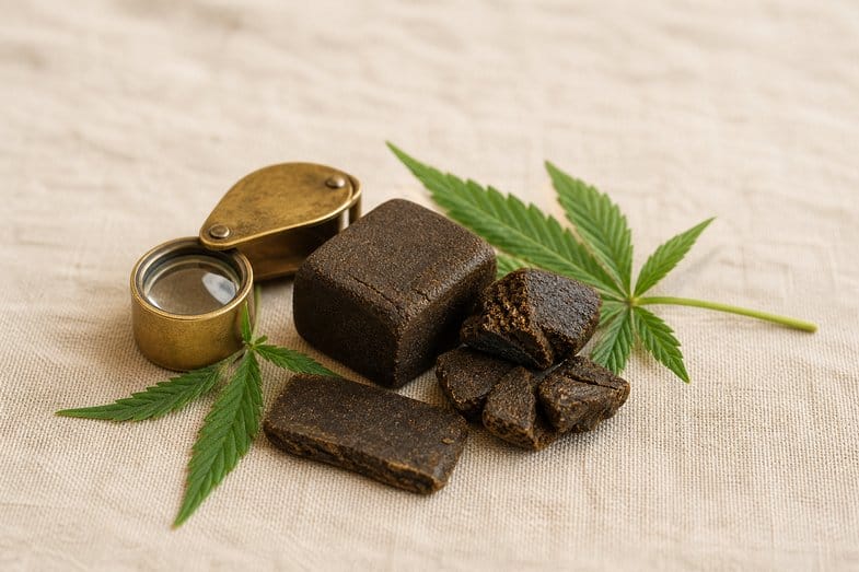 cbd-hash-shapes-detail Several CBD hash forms, a pressed block, broken pieces and a slab, on cream linen with a brass loupe