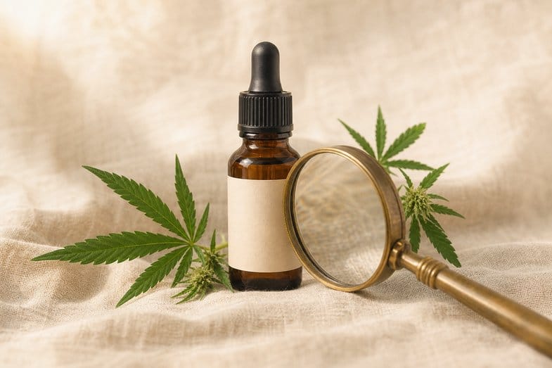 Amber CBD oil bottle with a blank label code area beside a brass loupe on cream linen