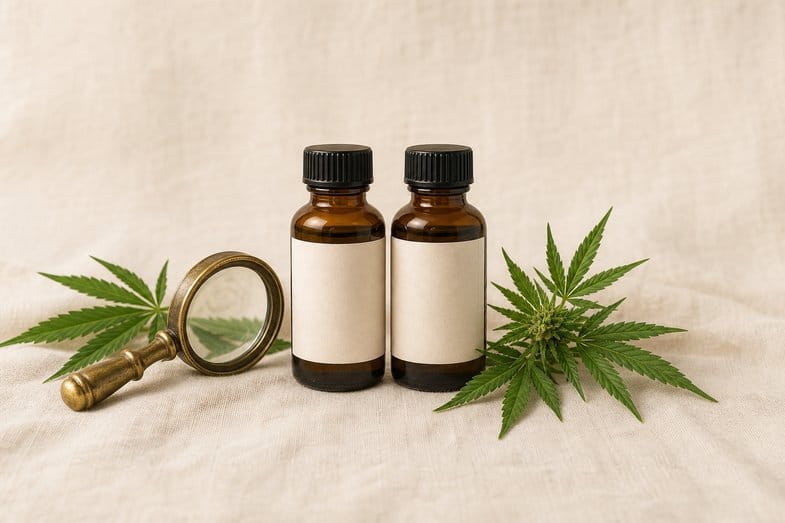Two amber CBD oil bottles with blank label panels beside a brass loupe on cream linen