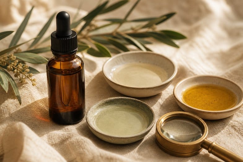 Amber CBD oil bottle beside small dishes of base oil and a brass loupe on cream linen