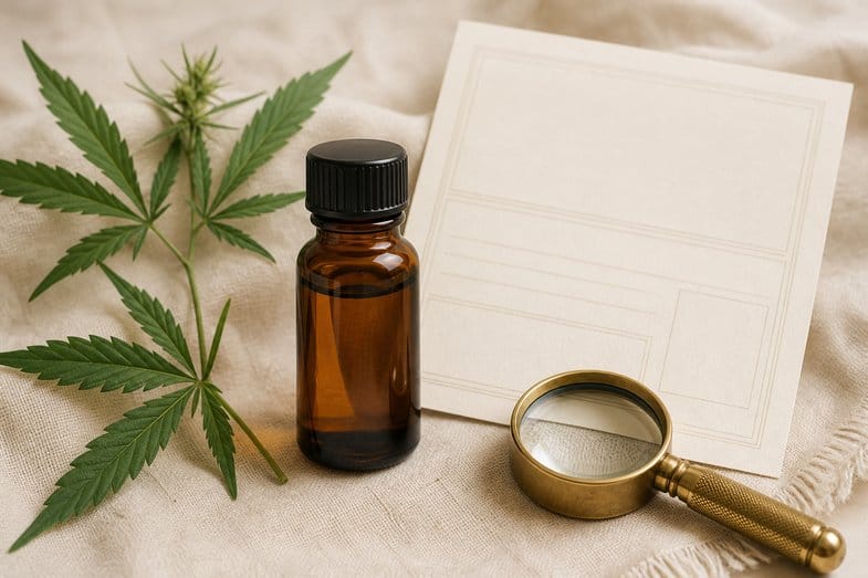 A CBD oil bottle beside a blank certificate sheet with ruled sections and a brass loupe on cream linen