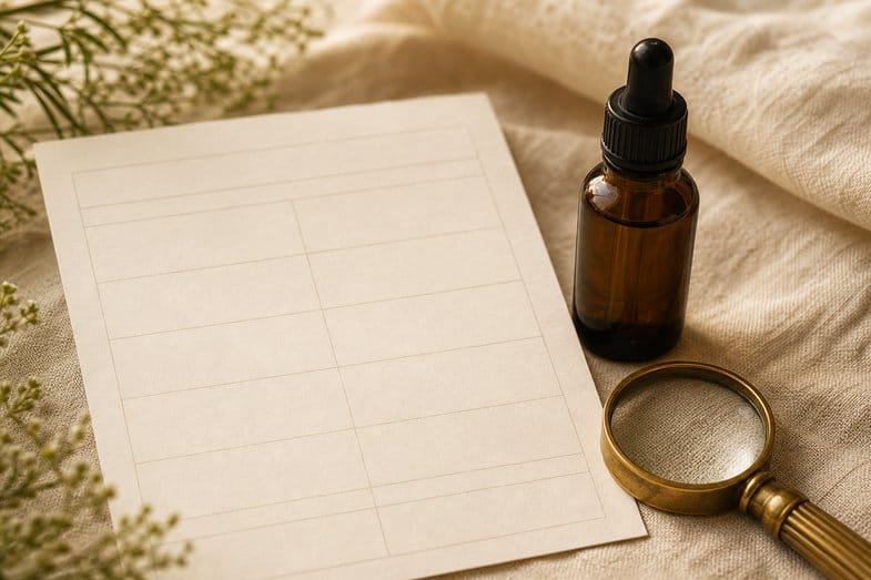 cbd-oil-coa-fields-detail A blank certificate of analysis form beside an amber CBD oil bottle and a brass loupe on cream linen