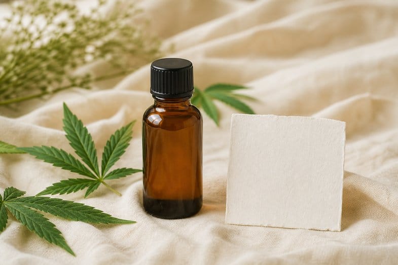 A CBD oil bottle beside a blank label and a few hemp leaves on cream linen