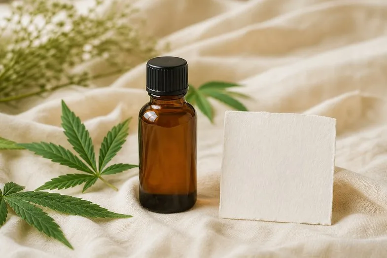 A CBD oil bottle beside a blank label and a few hemp leaves on cream linen