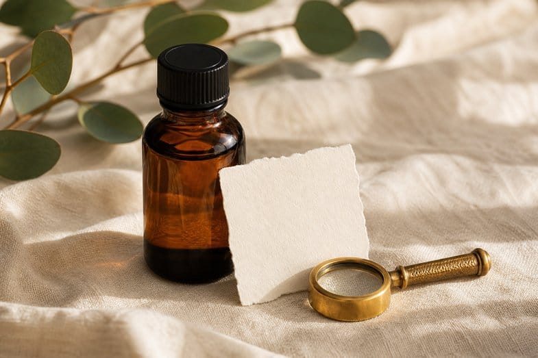 A CBD oil bottle beside a blank label and a brass loupe on cream linen