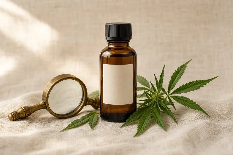 Amber CBD oil bottle with a blank date panel beside a brass loupe on cream linen