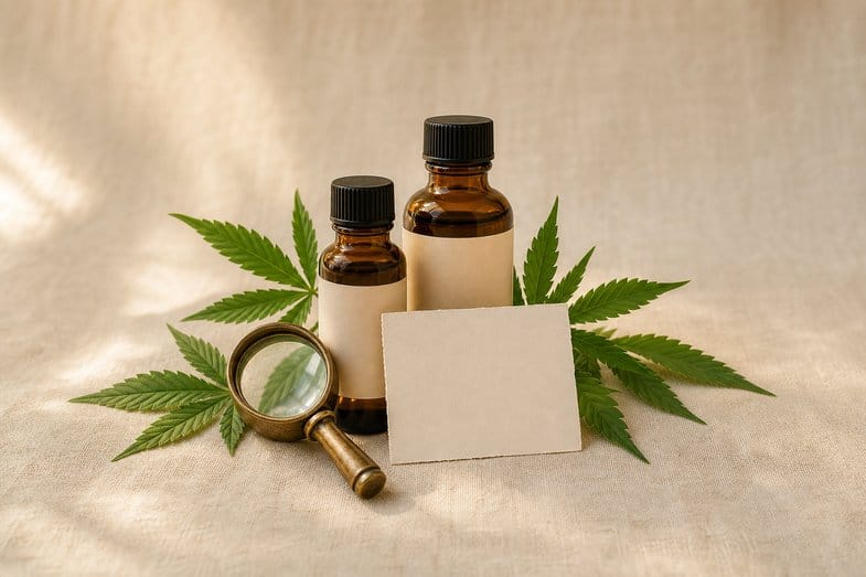 Two amber CBD oil bottles beside a blank lab report card and brass loupe on cream linen