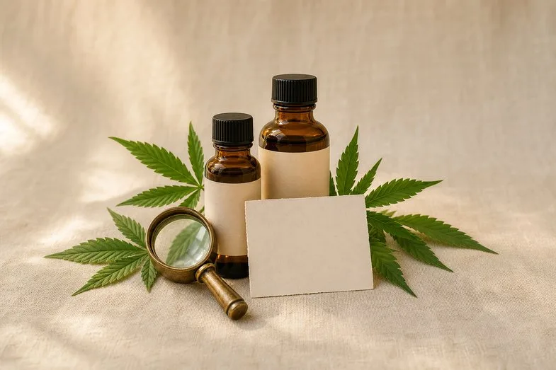 cbd-oil-lab-reports-detail Two amber CBD oil bottles beside a blank lab report card and brass loupe on cream linen