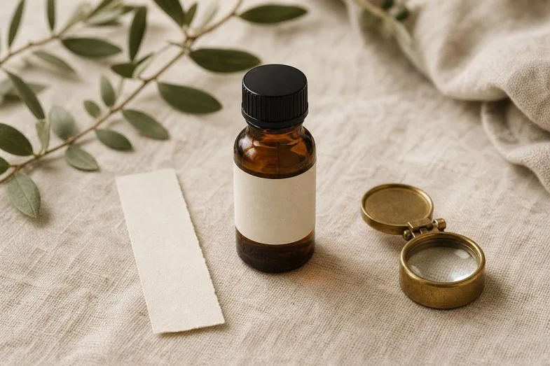 cbd-oil-label-ingredient-line-detail A CBD oil bottle beside a blank label strip and a brass loupe on cream linen