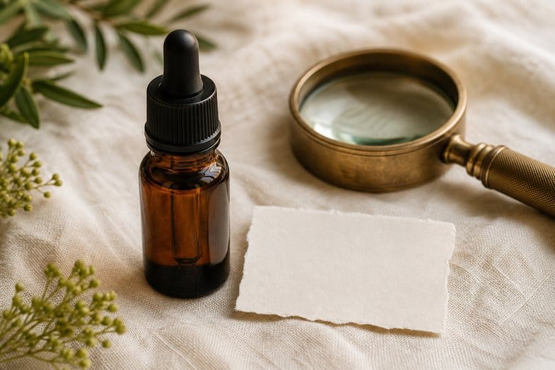 cbd-oil-liquid-format-detail A CBD oil bottle beside a blank label and a brass loupe on cream linen