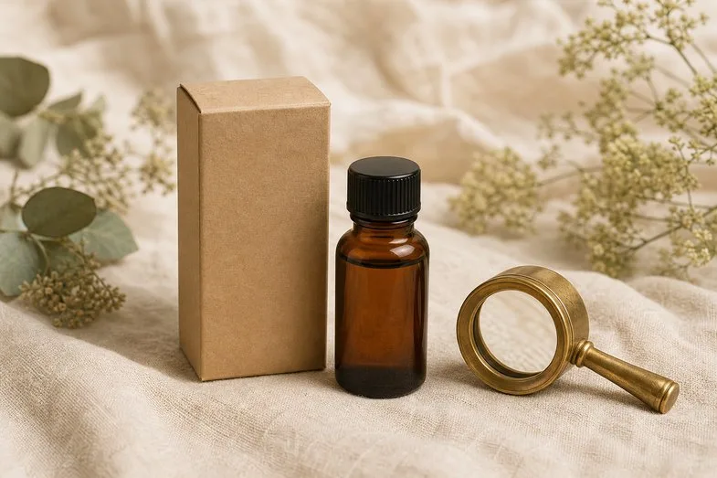 cbd-oil-packaging-explained-detail An amber CBD oil bottle and a small kraft box beside a brass loupe on cream linen