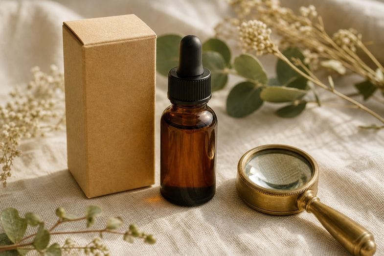A CBD oil bottle and a plain box beside a brass loupe on cream linen