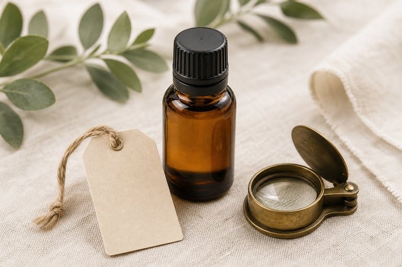 An amber CBD oil bottle beside a blank paper price tag and a brass loupe on cream linen